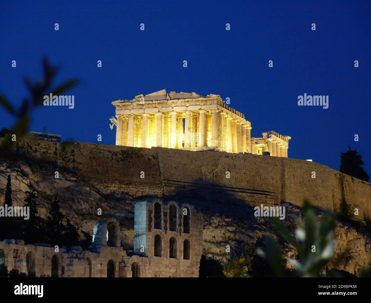 Twilight in Athens. Dark blue sky over the impressive Parthenon ancient