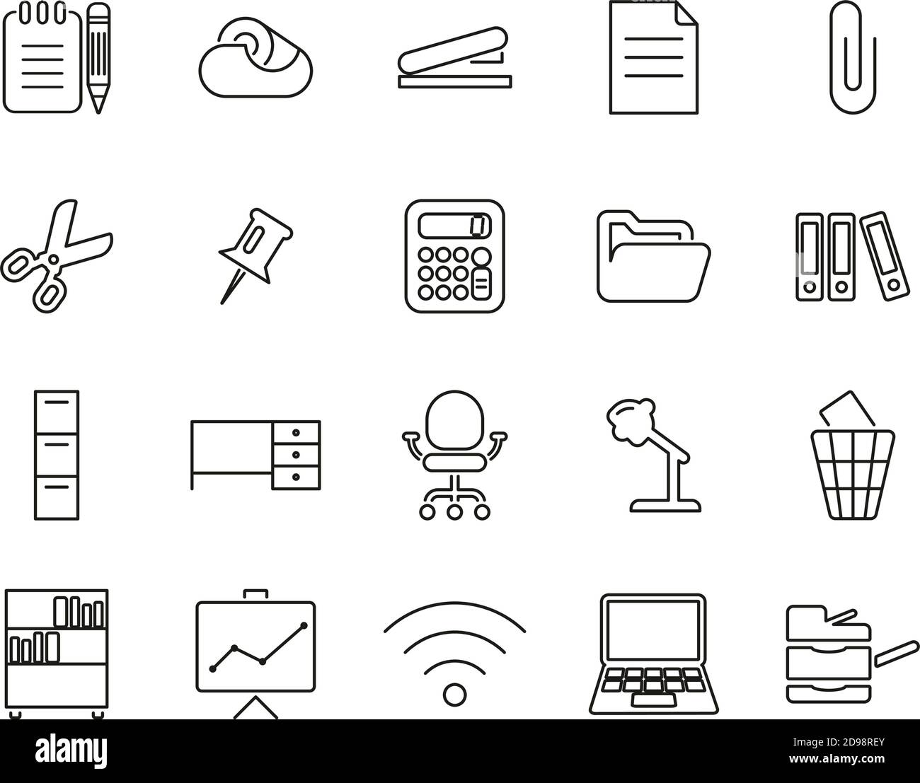 Office Supplies Icons Black & White Thin Line Set Big Stock Vector