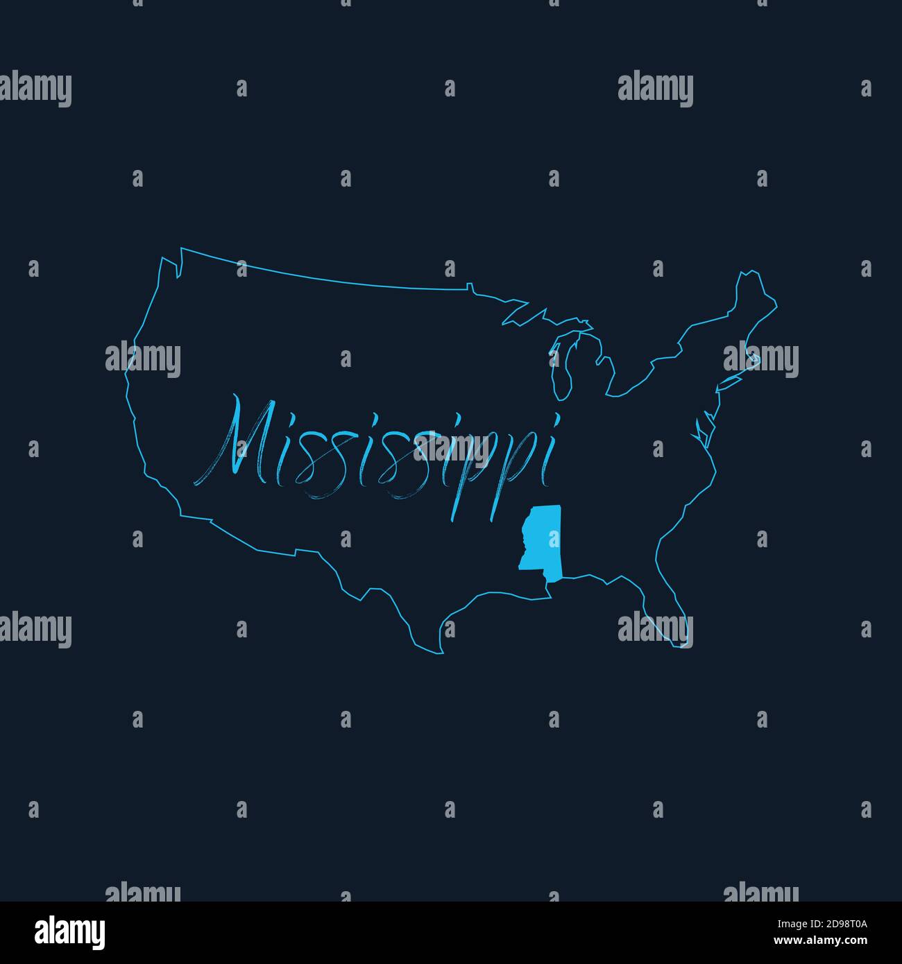 Mississippi state highlighted on United States of America map , USA infographics template. Stock vector illustration isolated on blue background. Stock Vector