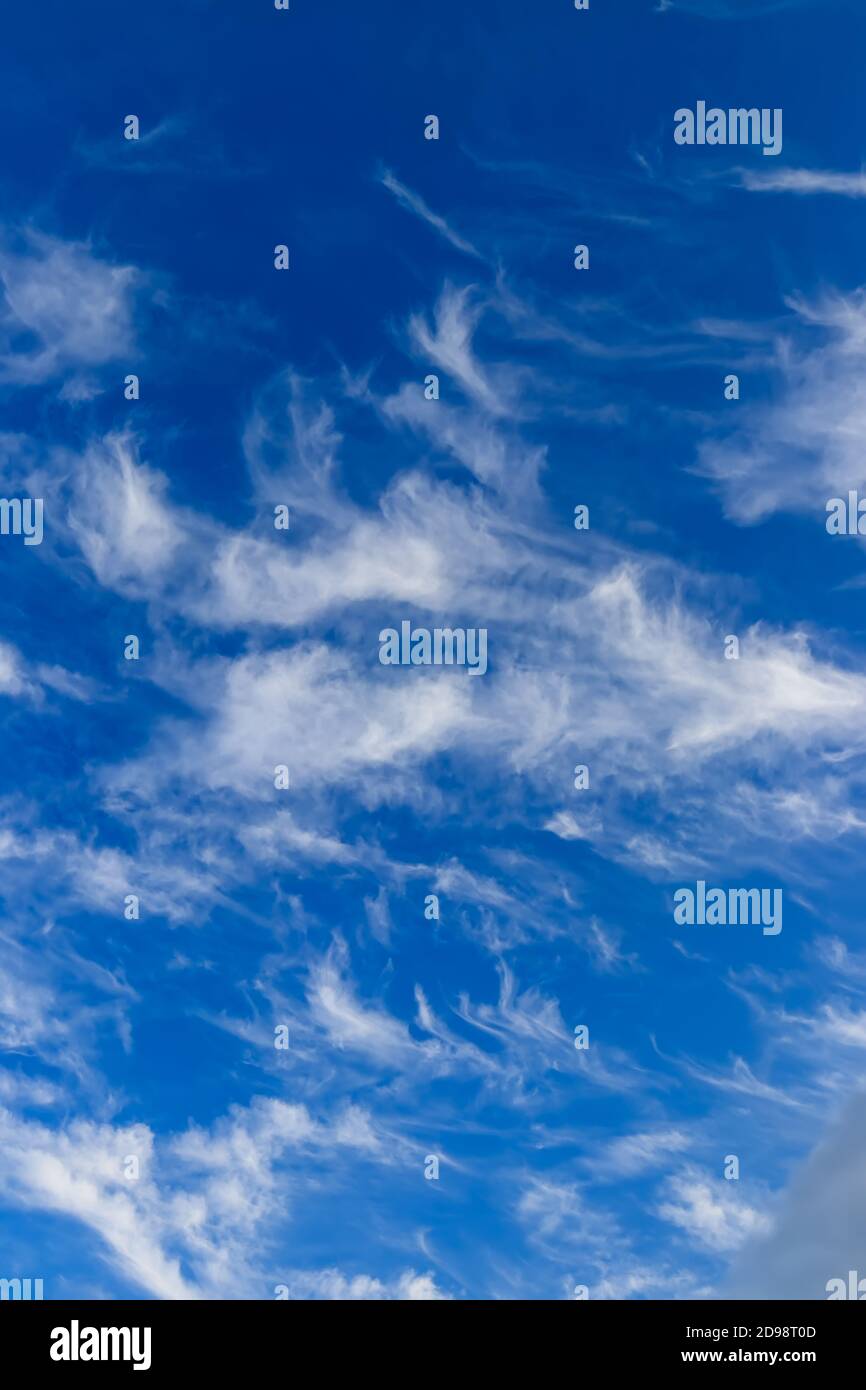 Bright blue sky with feather clouds lit by the daytime sun. Abstract  background Stock Photo - Alamy