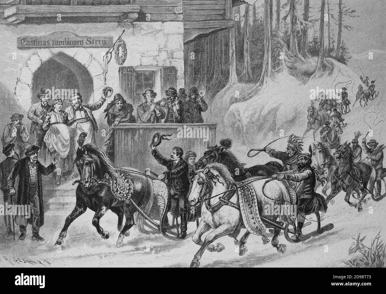 aschingsgoaßlfahren in Austria, sleigh race with carnival cover, 1887  /  Faschingsgoaßlfahren in Österreich, Schlittenrennen mit Faschingsverkleidung, 1887, Historisch, historical, digital improved reproduction of an original from the 19th century / digitale Reproduktion einer Originalvorlage aus dem 19. Jahrhundert, Stock Photo