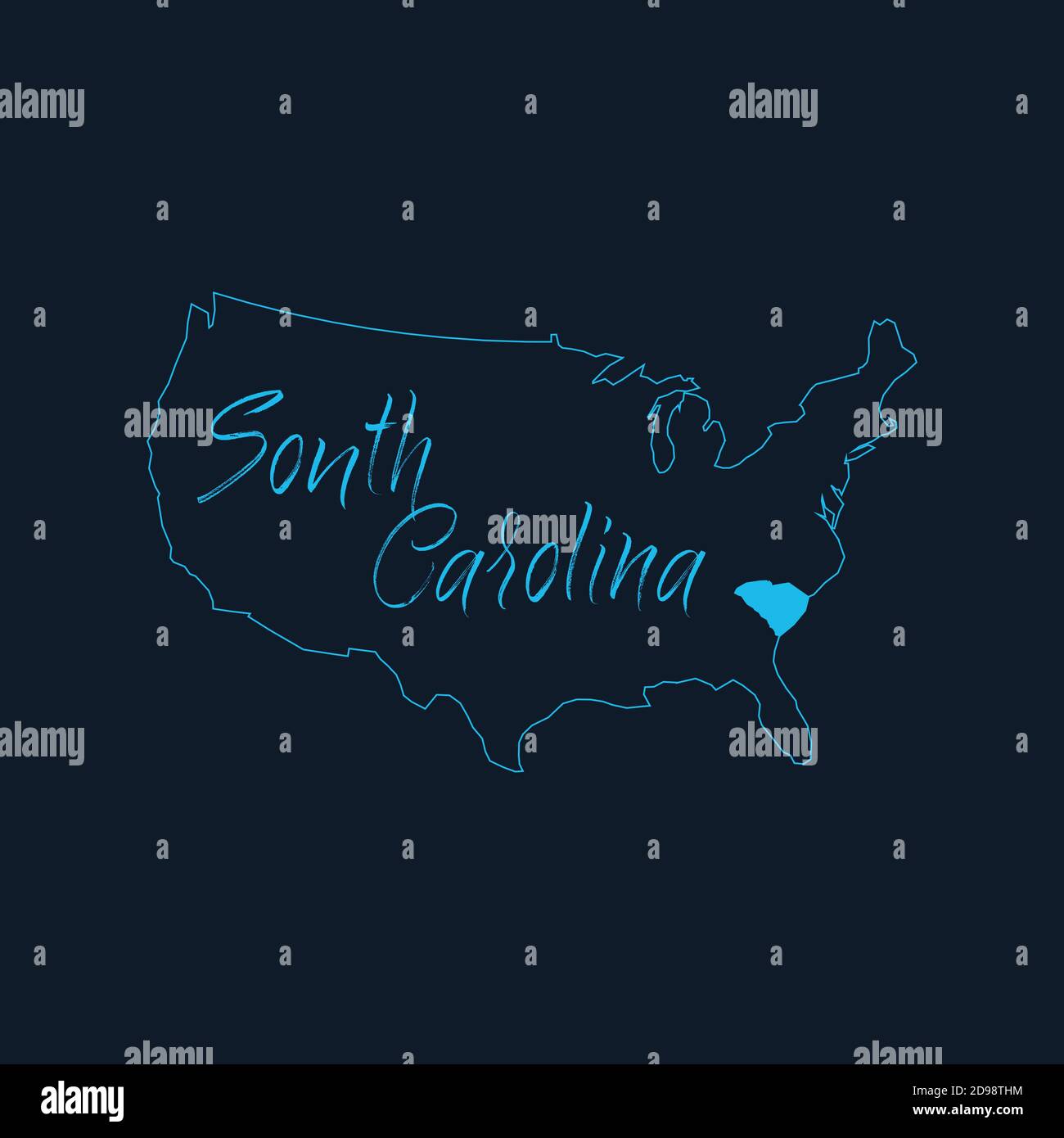 South Carolina SC state highlighted on United States of America map , USA infographics template. Stock vector illustration isolated on blue background Stock Vector