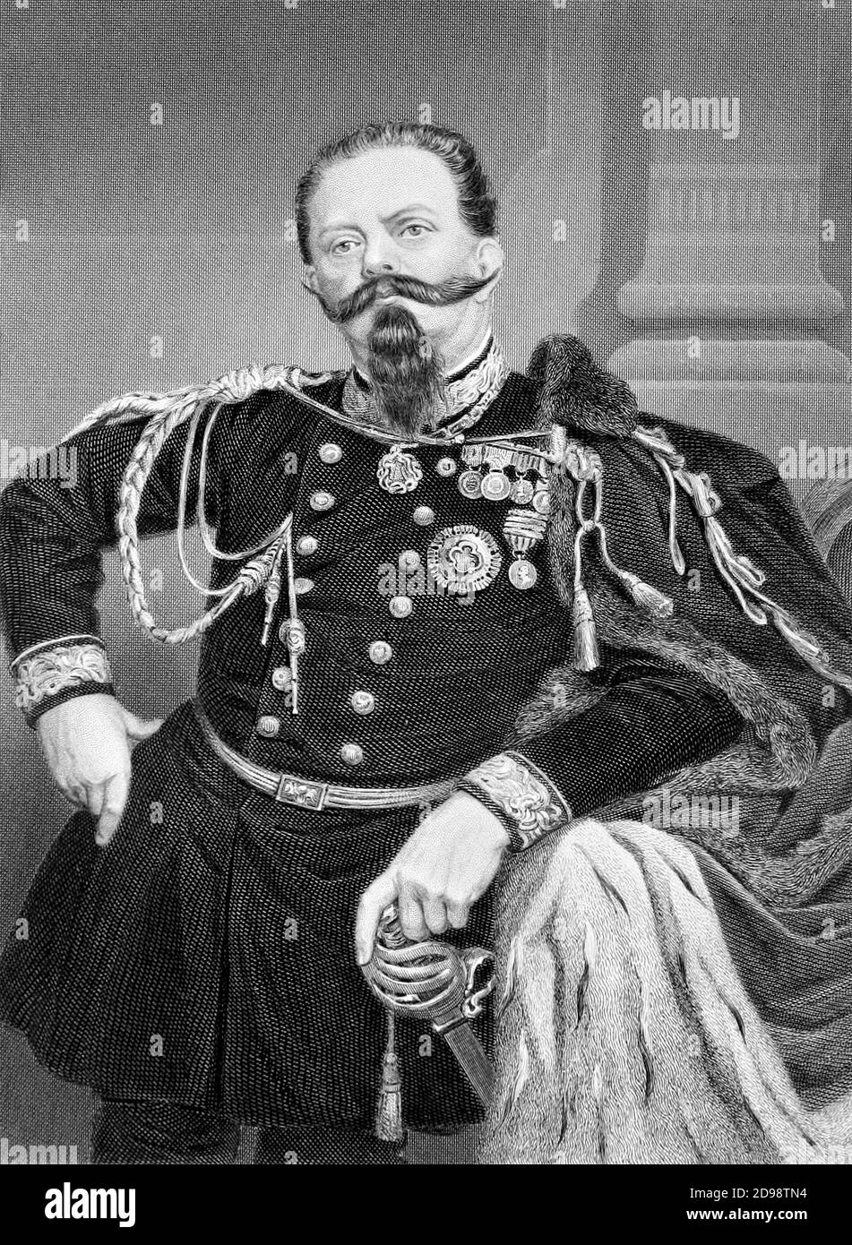 Victor Emmanuel II. Portrait of the King of Italy, Victor Emmanuel II (Vittorio Emanuele II: 1820-1878), engraving, 1872 Stock Photo