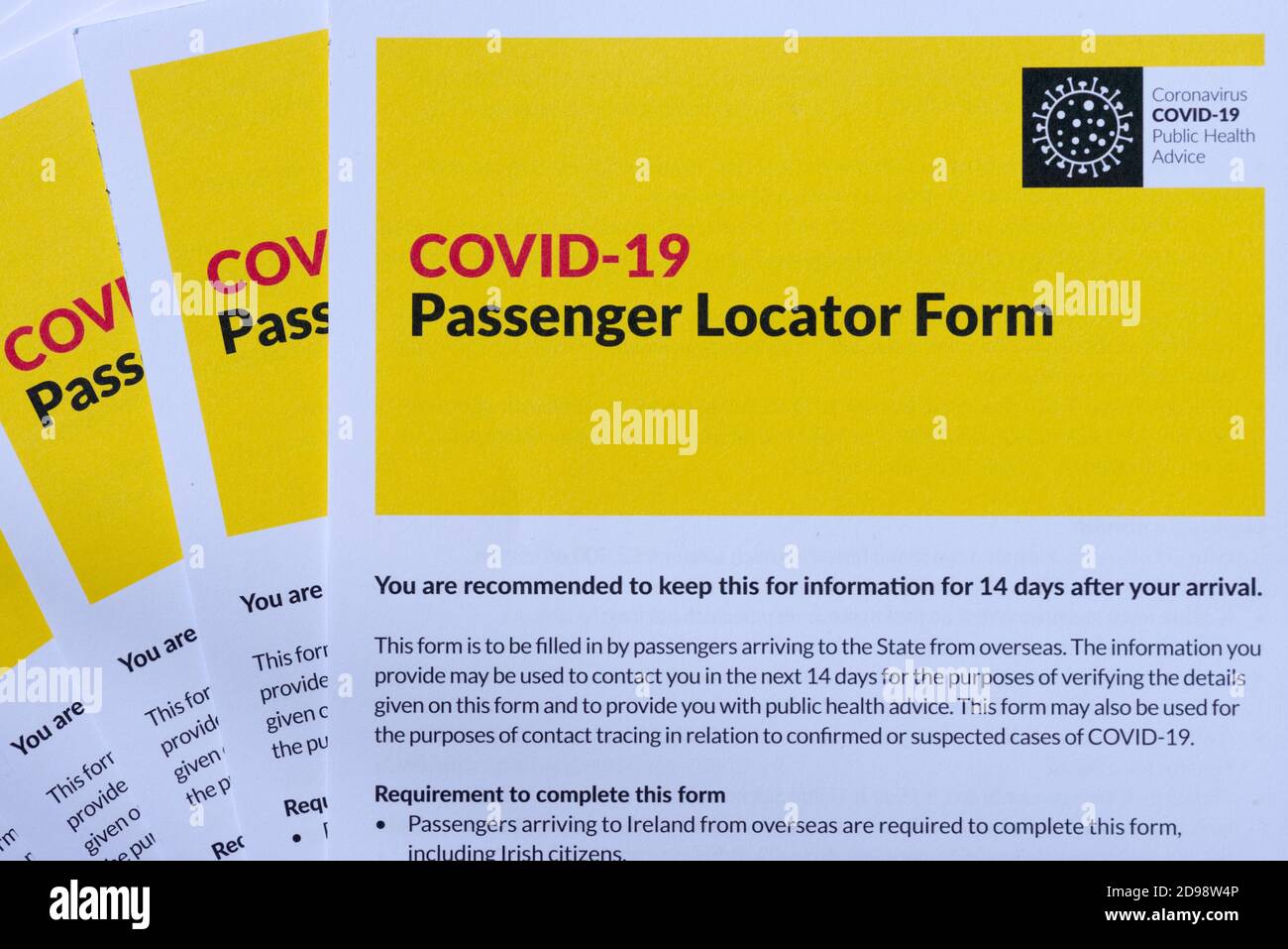 Covid 19 Passenger Locator Form as legal requirement by the Irish Government as must fill in document prior arriving to the Republic of Ireland Stock Photo