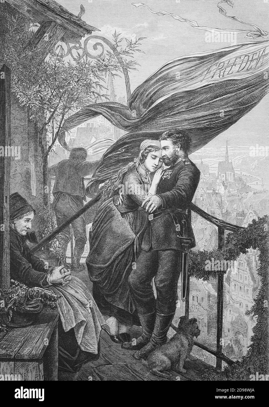 Peace celebration on a balcony above the city, German-French war 1871, soldier is back with his wife and family  /  Friedensfeier auf einem Balkon über der Stadt, Deutsch-Französischer Krieg 1871, Soldat ist zurück bei seiner Frau und Familie, Historisch, historical, digital improved reproduction of an original from the 19th century / digitale Reproduktion einer Originalvorlage aus dem 19. Jahrhundert, Stock Photo