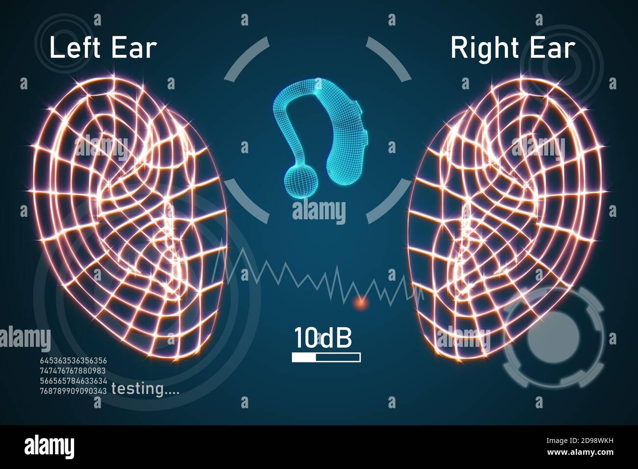 Graphic showing a hearing aid and the human ears during hearing tests
