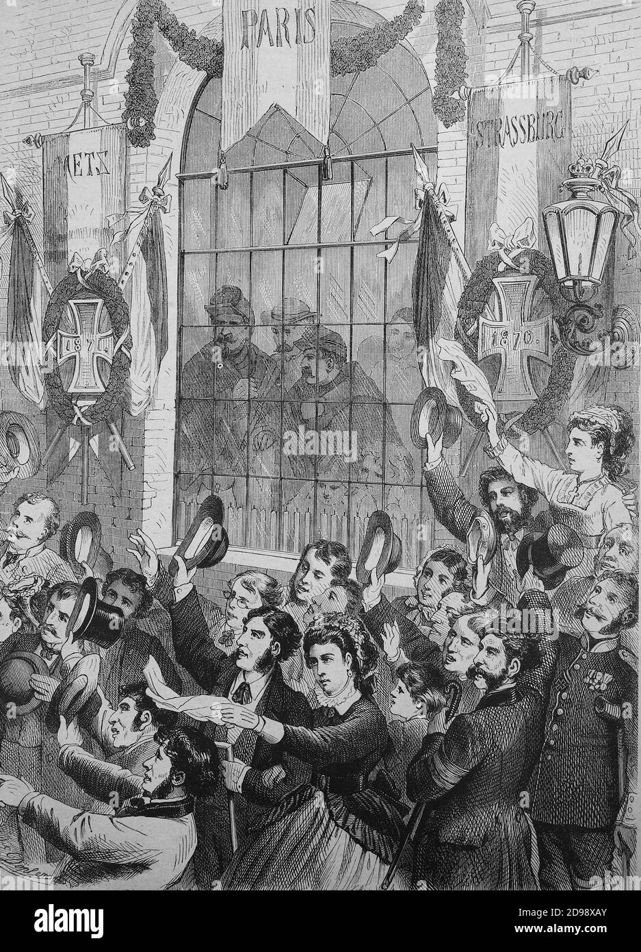 Uninvited guests outside the windows at the celebration of the end of the Franco-Prussian War 1871 in Strasbourg, France  /  Ungebetene Gäste vor den Fenstern bei der Feier zum Ende des Deutsch-Französischen Krieg 1871 in Straßburg, Frankreich, Historisch, historical, digital improved reproduction of an original from the 19th century / digitale Reproduktion einer Originalvorlage aus dem 19. Jahrhundert, Stock Photo