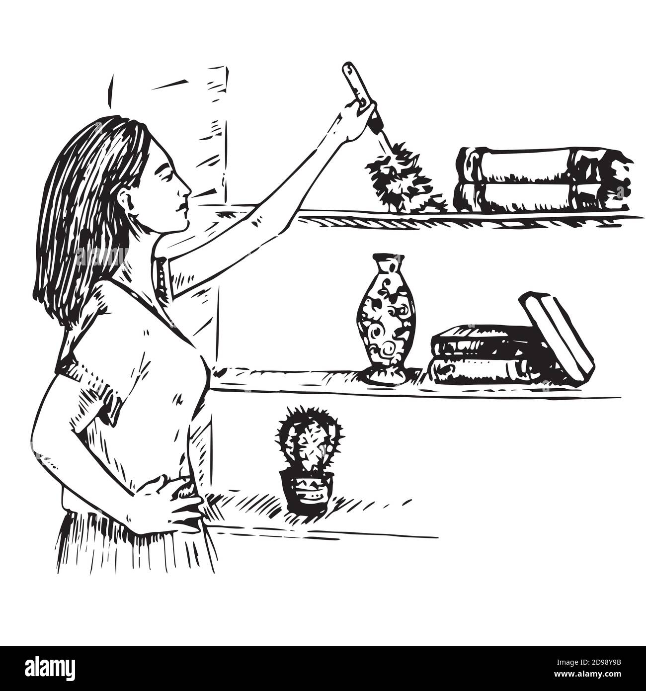 Young housewife wiping the dust with brush on the bookshelf, hand drawn