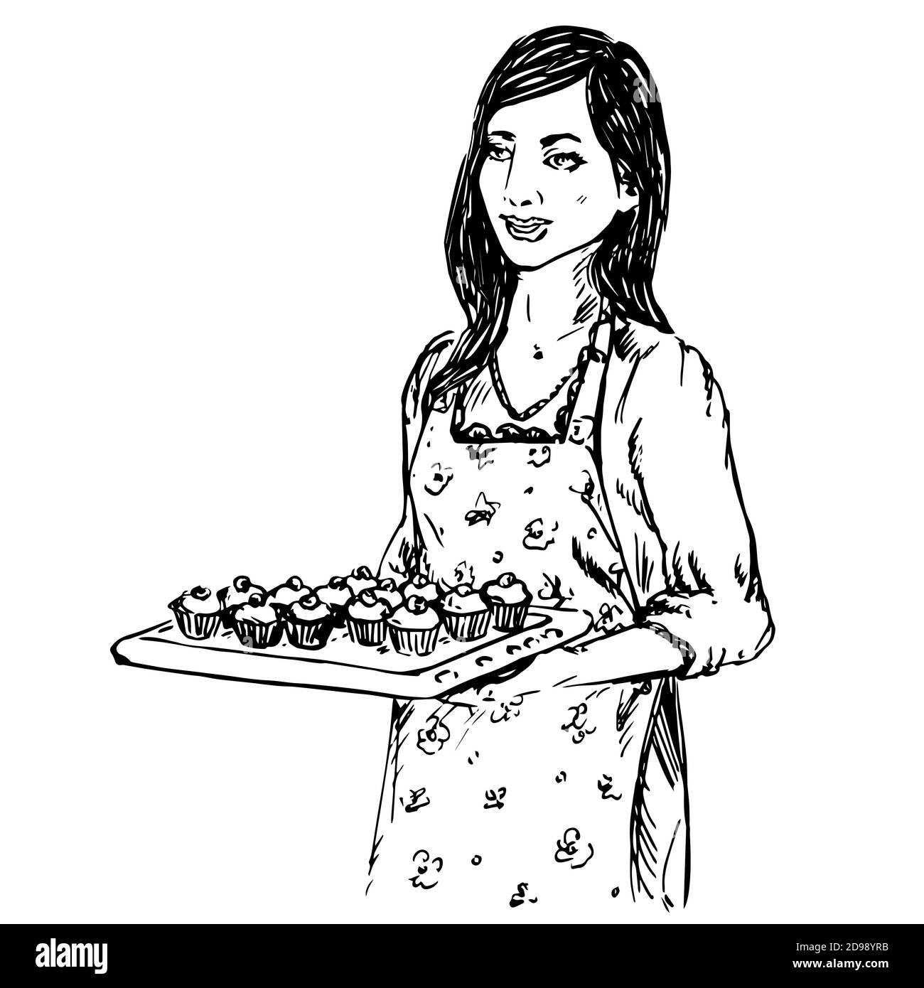 Young housewife dressed in apron, hold a baking tray with cupcakes, hand drawn doodle, sketch, black and white illustration Stock Photo