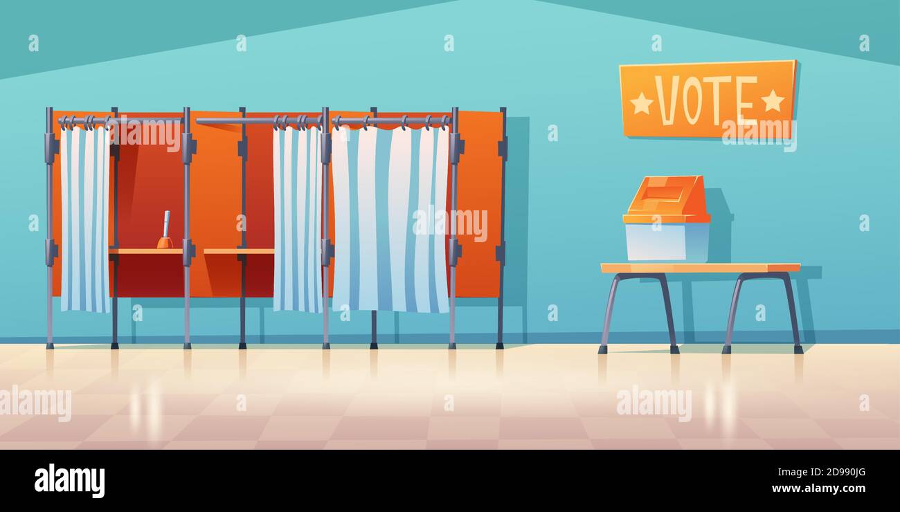Polling station empty interior, separated voting booths with close and open curtains and pen on desk. Poll, presidential election concept. Place for civil rights execution, Cartoon vector illustration Stock Vector