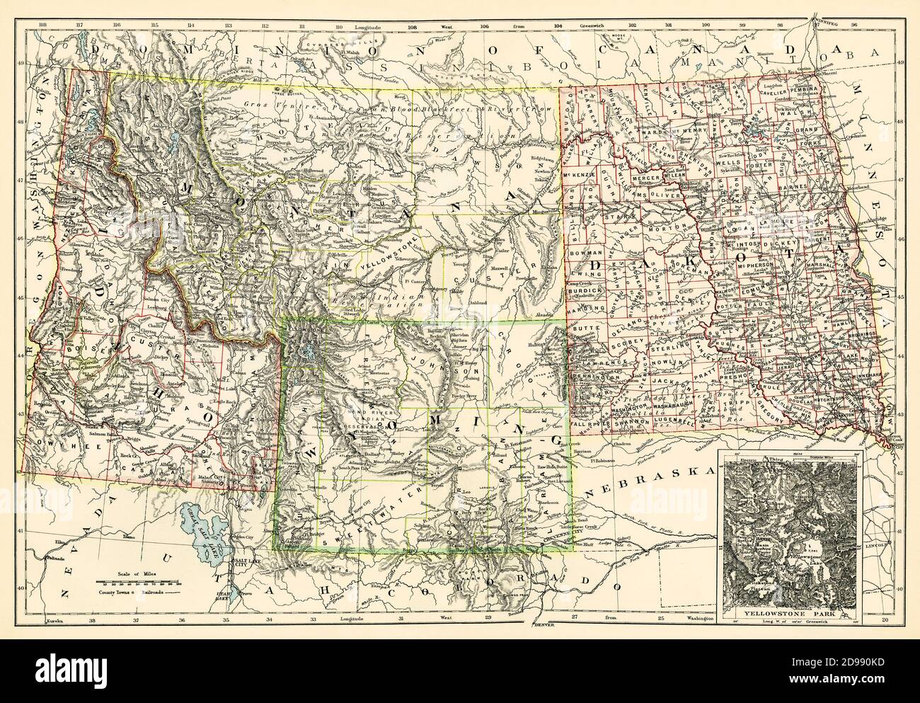 Map of Dakota Territory, Montana, Idaho, and Wyoming, 1870s. Color lithograph Stock Photo