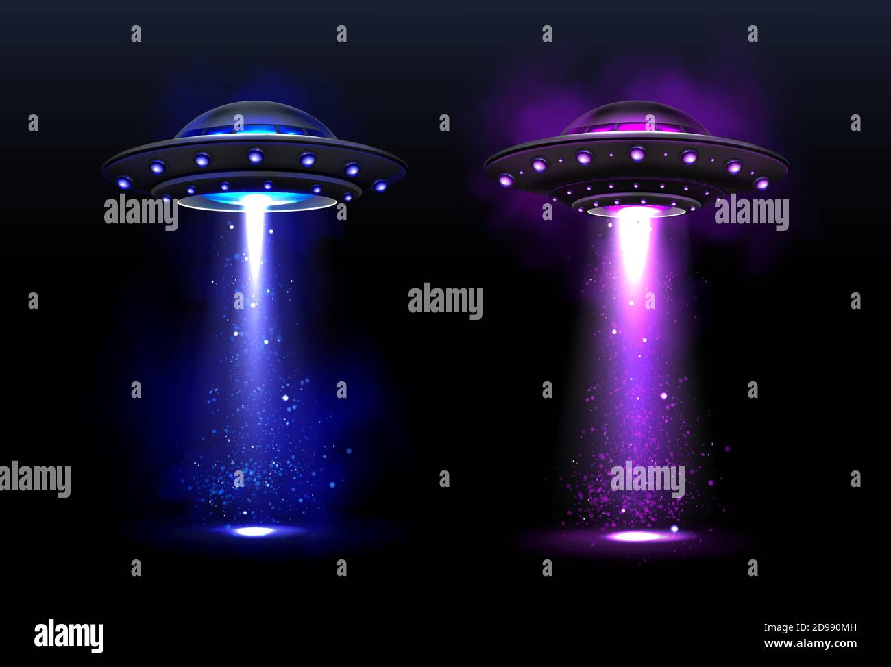 Alien spaceships, ufo with blue and purple light beam. Vector realistic illustration of futuristic flying saucer, unidentified round rocket. Clipart of galaxy spacecraft, glow rocketship Stock Vector