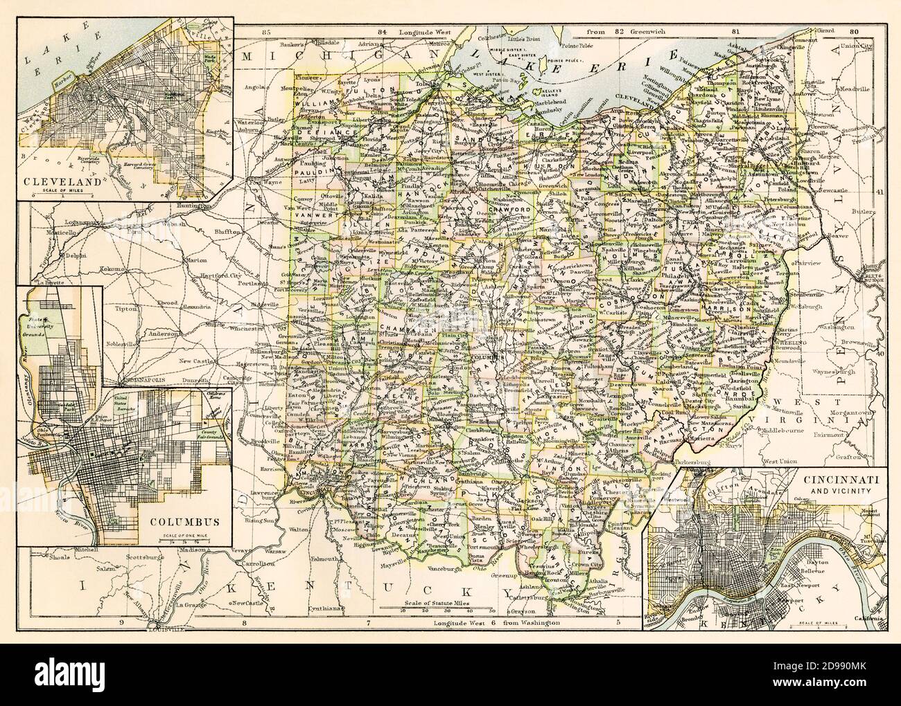 Ohio map, 1870s. Color lithograph Stock Photo