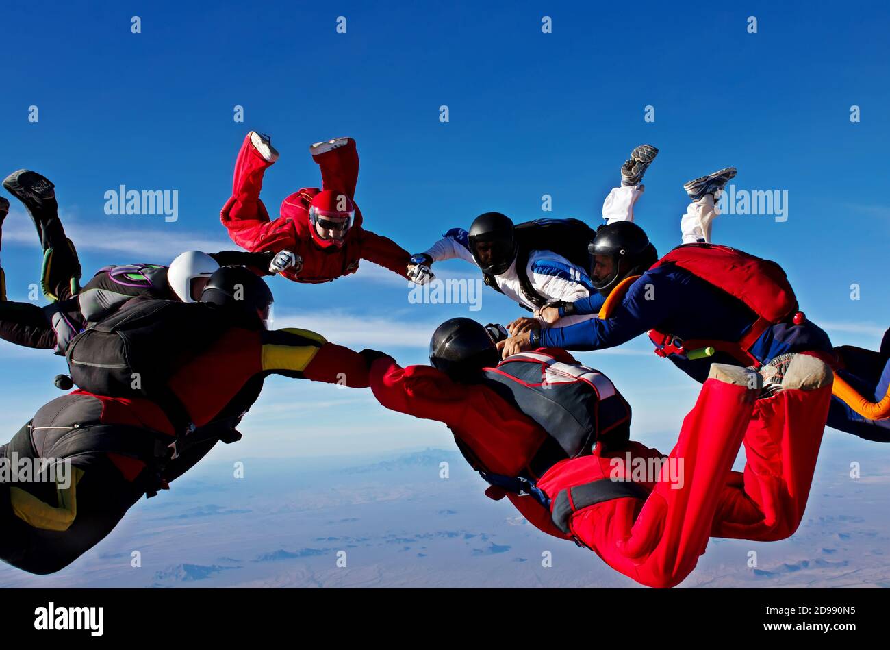 Skydiving teamwork formation make a circle Stock Photo