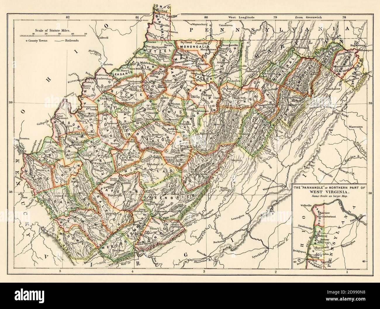 West Virginia map, 1870s. Color lithograph Stock Photo