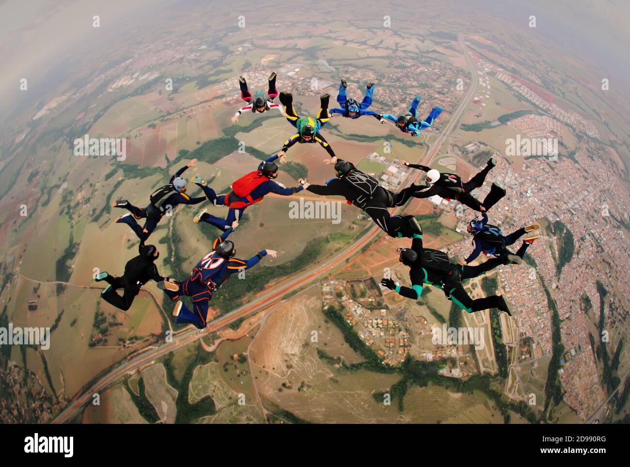 Skydiving group formation Stock Photo
