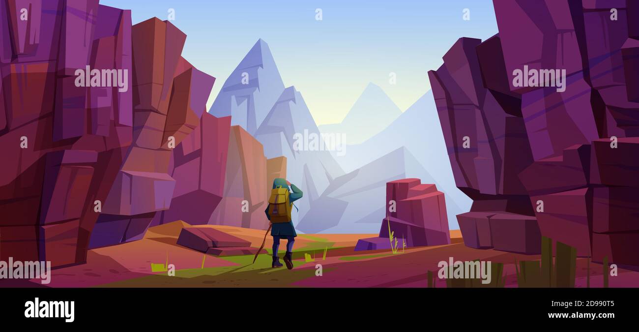 Traveler at mountains, travel journey, adventure. Tourist with backpack and map stand at rocky landscape look into the distance on high peak. Extreme hiking lifestyle, Cartoon vector illustration Stock Vector