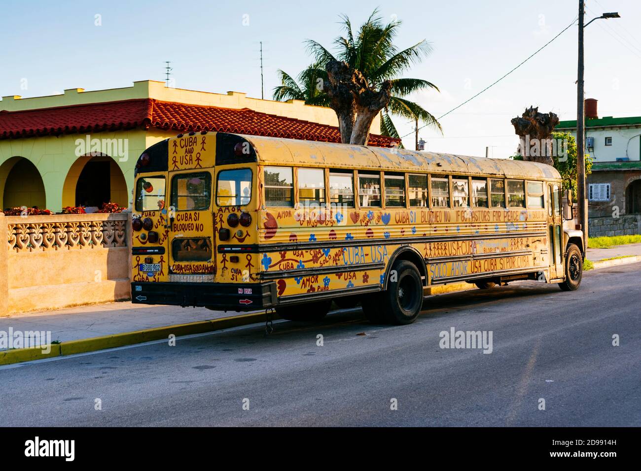 American yellow school bus, given to aid USA - Cuban relations. Varadero, Cárdenas, Matanzas, Cuba, Latin America and the Caribbean Stock Photo