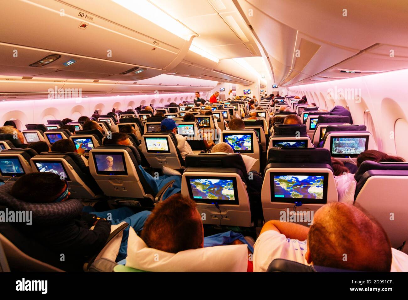 Interior Airbus A350-900. The Airbus A350 XWB is a family of long-range, twin-engine wide-body jet airliners developed by the European aerospace manuf Stock Photo