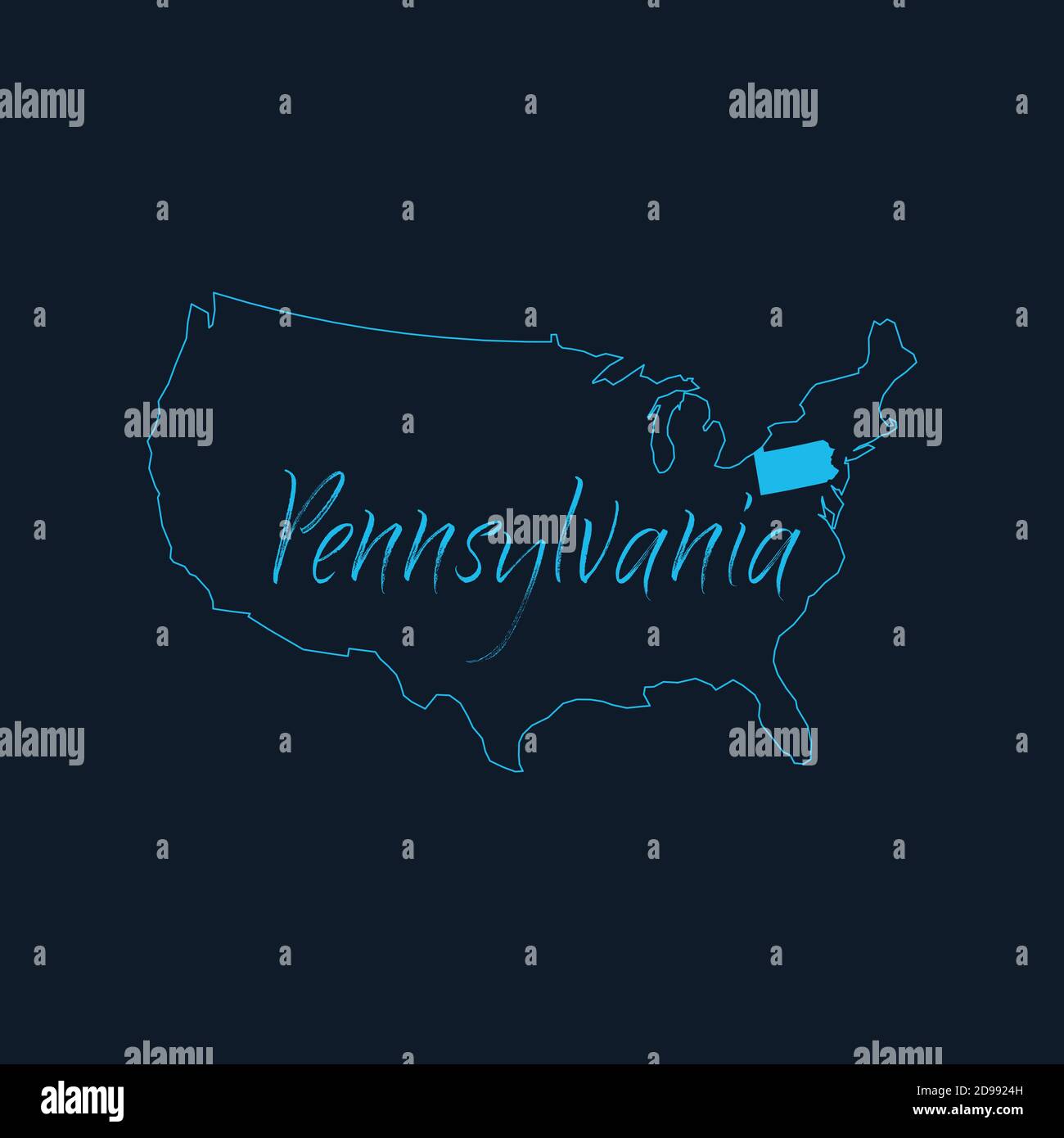 Pennsylvania state highlighted on United States of America map , USA infographics template. Stock vector illustration isolated on blue background. Stock Vector