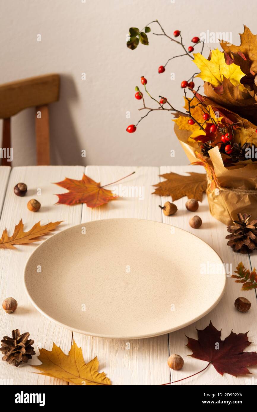Autumn serving dish, empty plate on white wooden background, fall background with fallen maple and oak leaves, pine cones, rose hips and hazelnuts Stock Photo