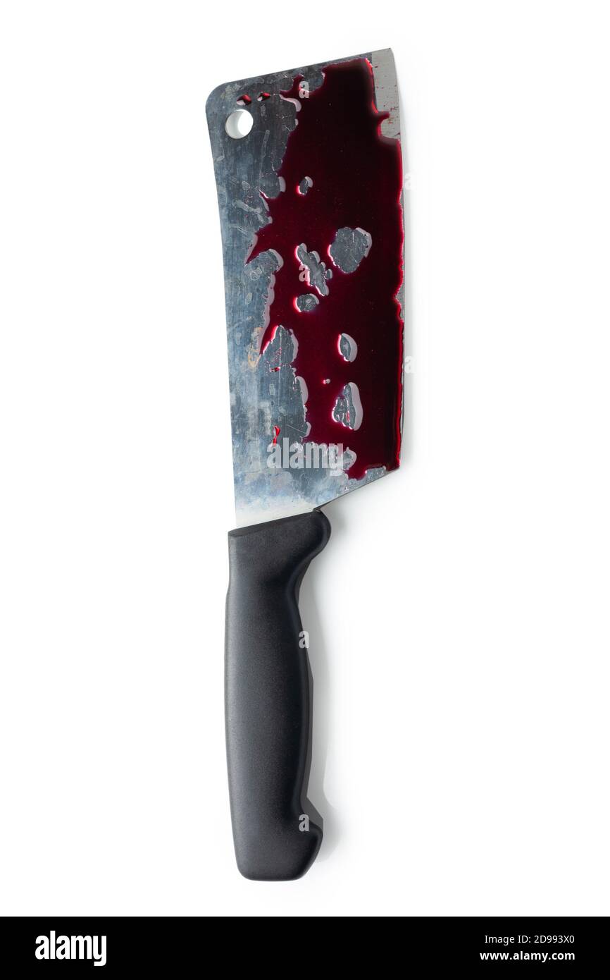 Bloody ax isolated on white background. Stock Photo