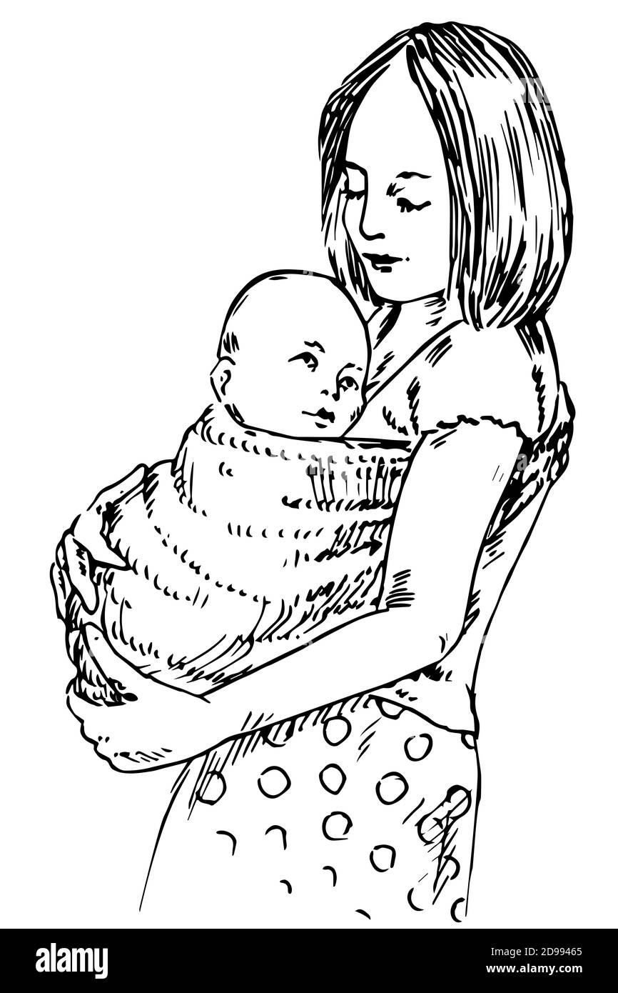 Young mother holding her child on hands in sling, hand drawn doodle, sketch illustration Stock Photo
