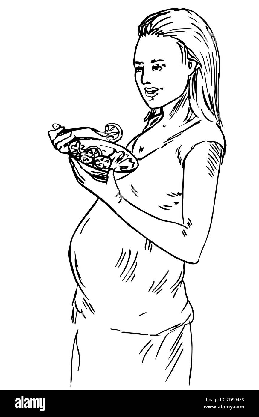 Pregnant woman is standing and eating salad, hand drawn doodle, sketch illustration Stock Photo