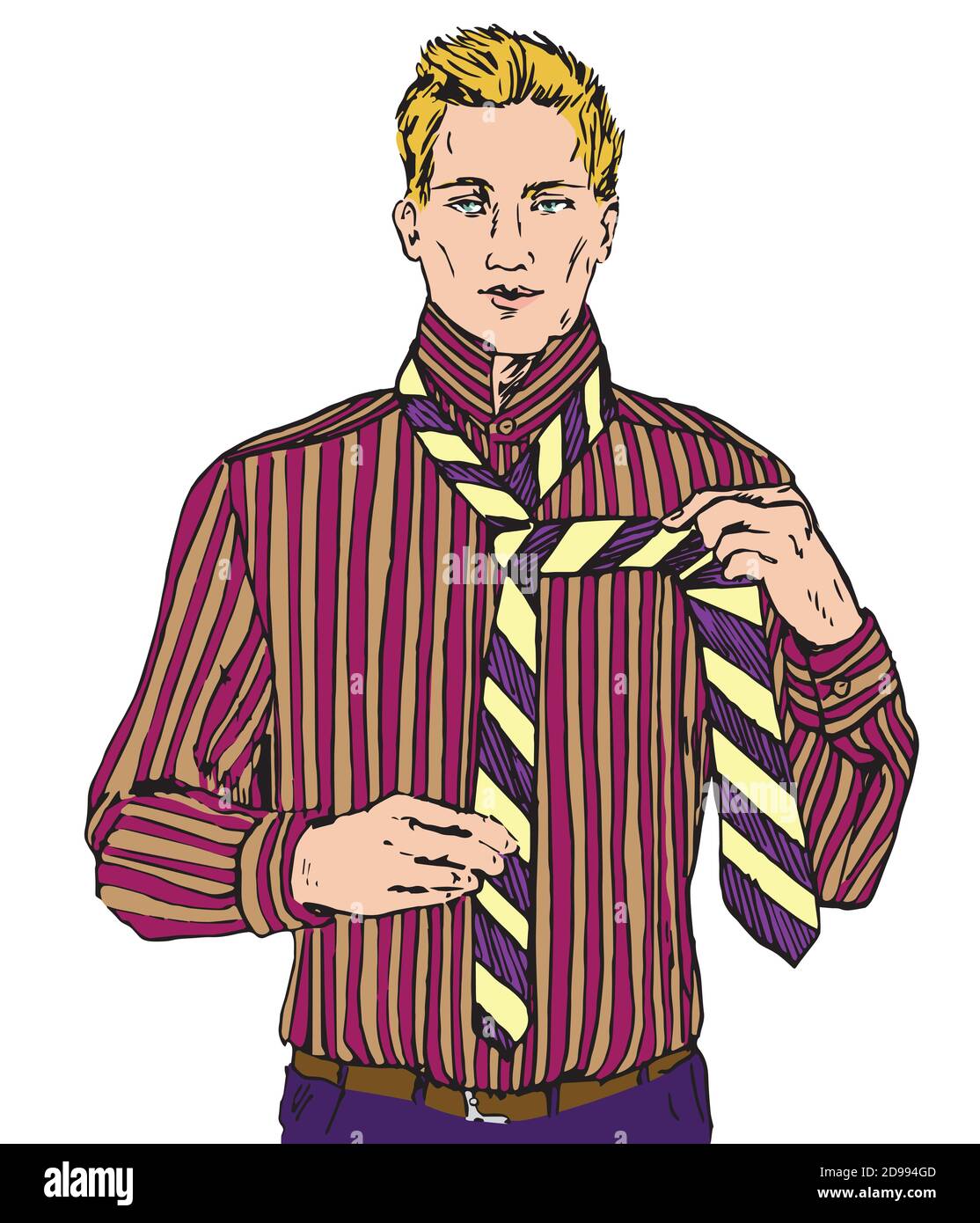 Young man in red striped shirt tie a tie, hand drawn doodle, sketch in ...