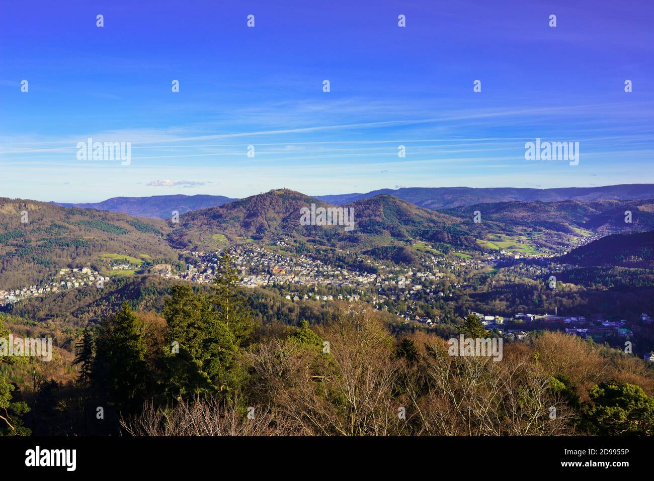 Overlooking the valley of Baden Baden with the Merkur mountain and Black Forest_Baden-Baden_Germany Stock Photo