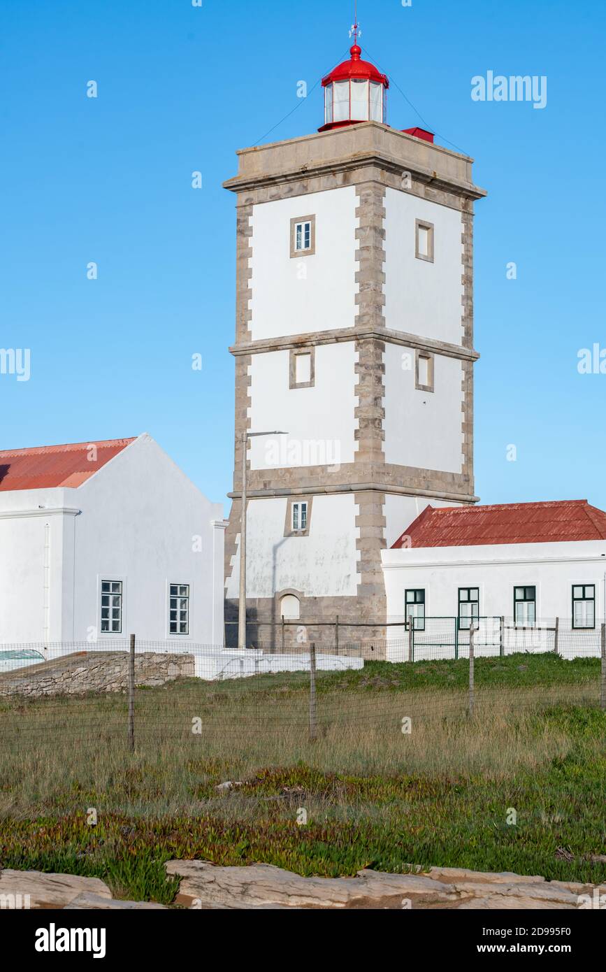 Cabo Carvoeiro Cape Lighthouse white building in Peniche, Portugal Stock Photo