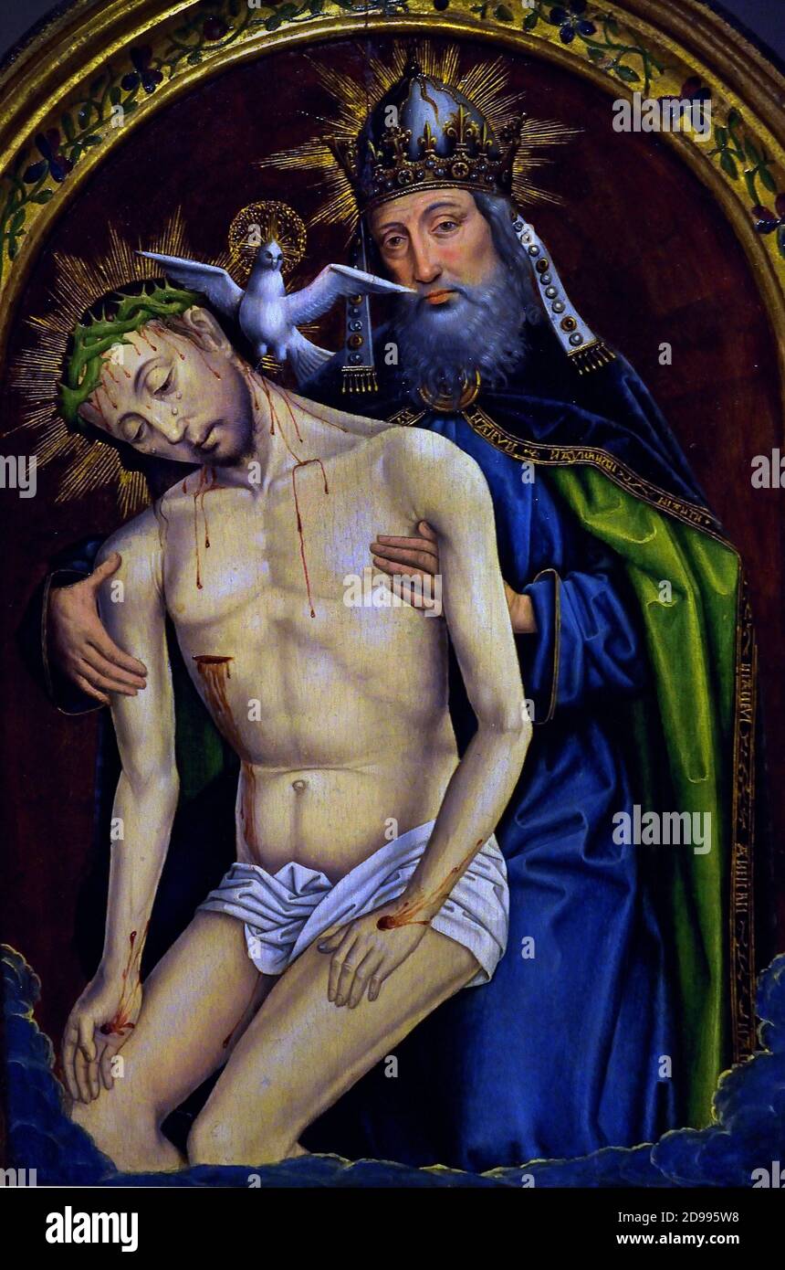 The Dead Christ hold by God the Father the Holy Spirit depicted as a dove. by Vrancke van der Stockt  (1424–1495)  The Passion ( Diptych Panel )  Belgian, Belgium, Flemish, follower of Rogier van der Weyden ) Stock Photo