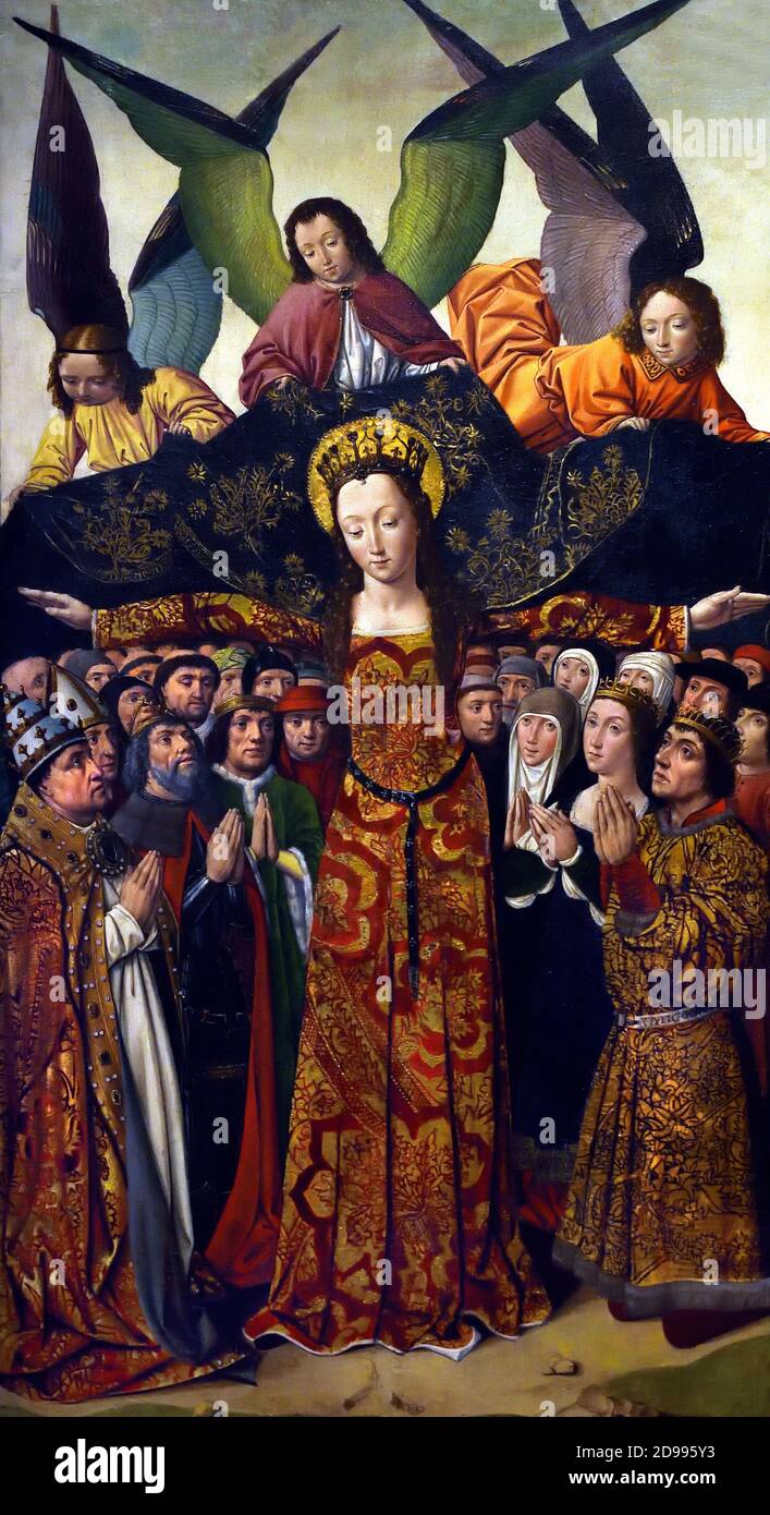 Virgin Mary, mother of Jesus Christ, and at her feet appear, among other characters, King John II of Castile and his wife, Queen Isabella of Portugal. Spain, Spanish. ( Monastery of Santa Clara ) Stock Photo