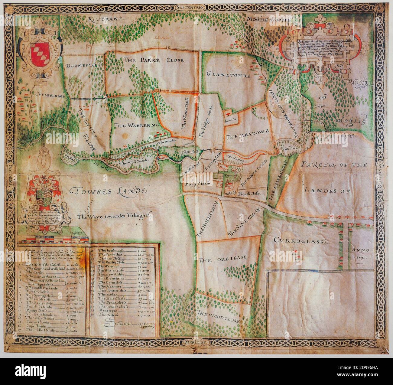 16th Century old antique map of Sir Walter Raleigh's lands at Mogeely County Cork Ireland from 1598 as the earliest estate map for Ireland Stock Photo