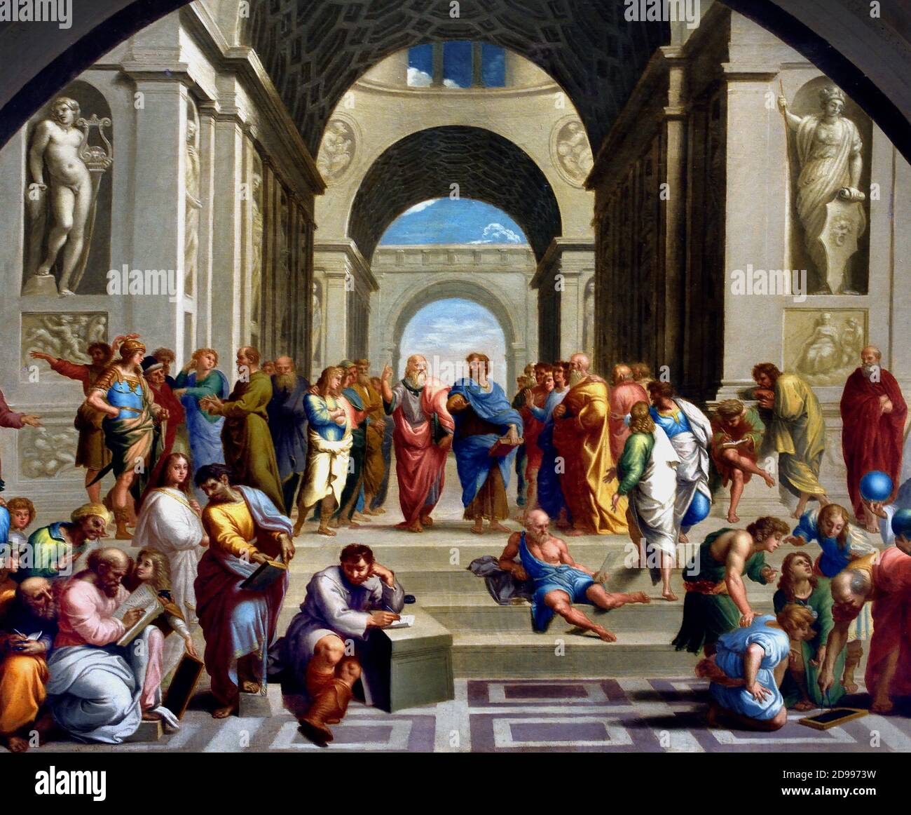 The School of Athens by Alvarez Enciso Domingo   1737 - 1800 ) was a Spanish painter Spain, ( after Raffaello Sanzio da Urbino Italian ) Plato on the left and Aristotle on yhe   Right Stock Photo