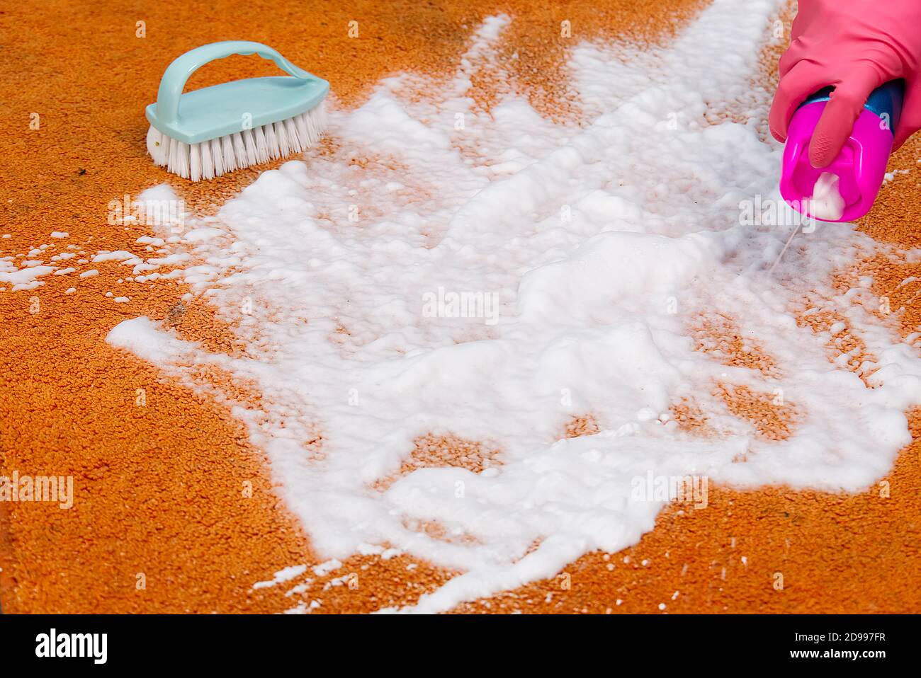 Woman Hand Cleaning Stain On Carpet With hard brush. Orange carpet
