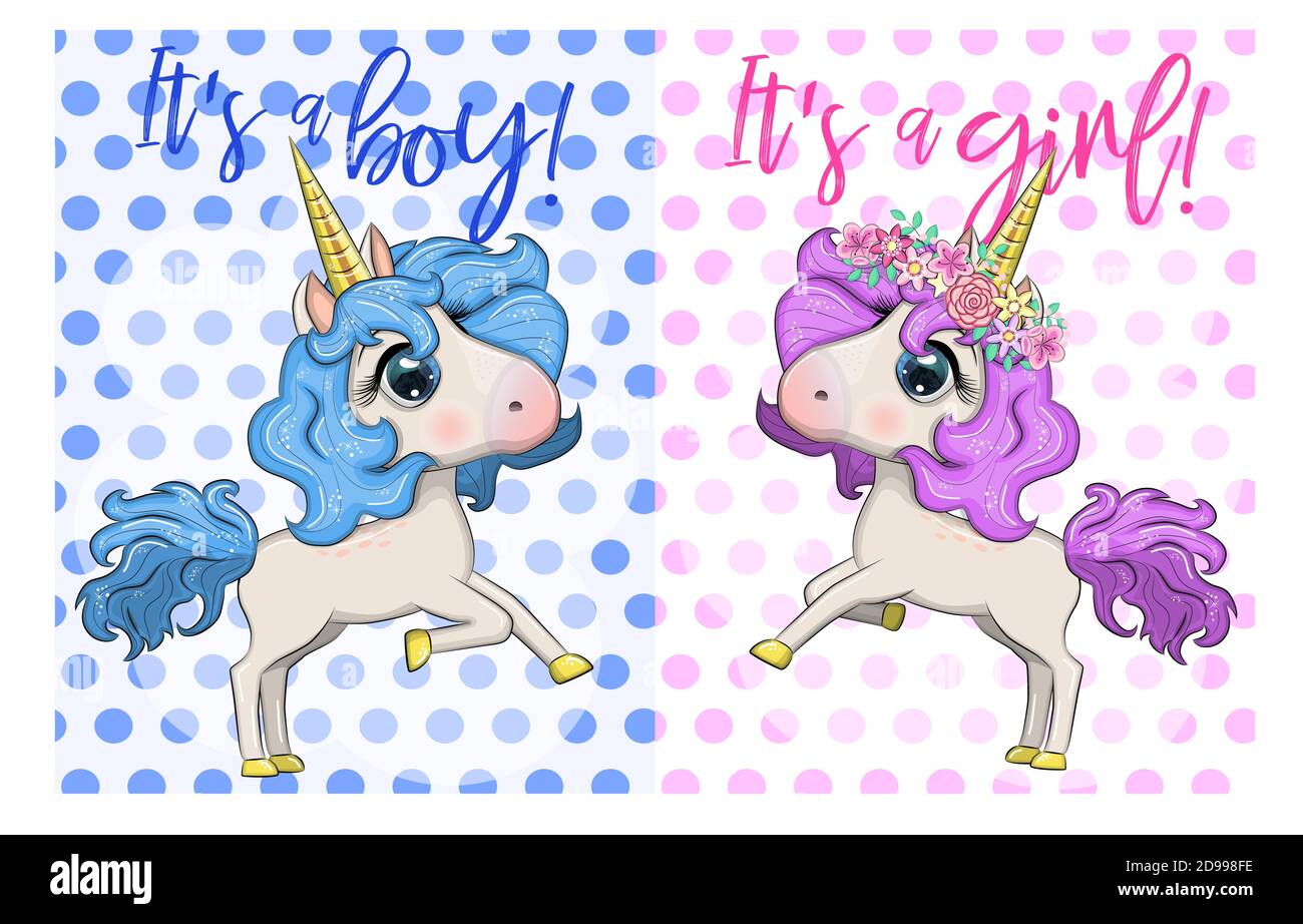 Baby Shower Greeting Card with cute Cartoon Unicorn girl and boy Stock ...