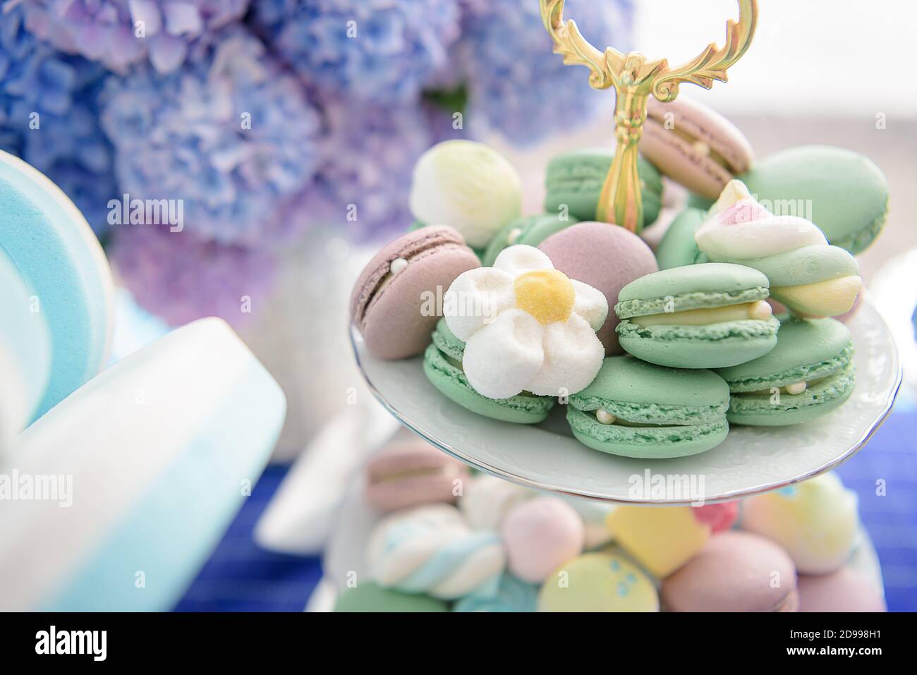 Macaroons and marshmallows are on a plate Stock Photo