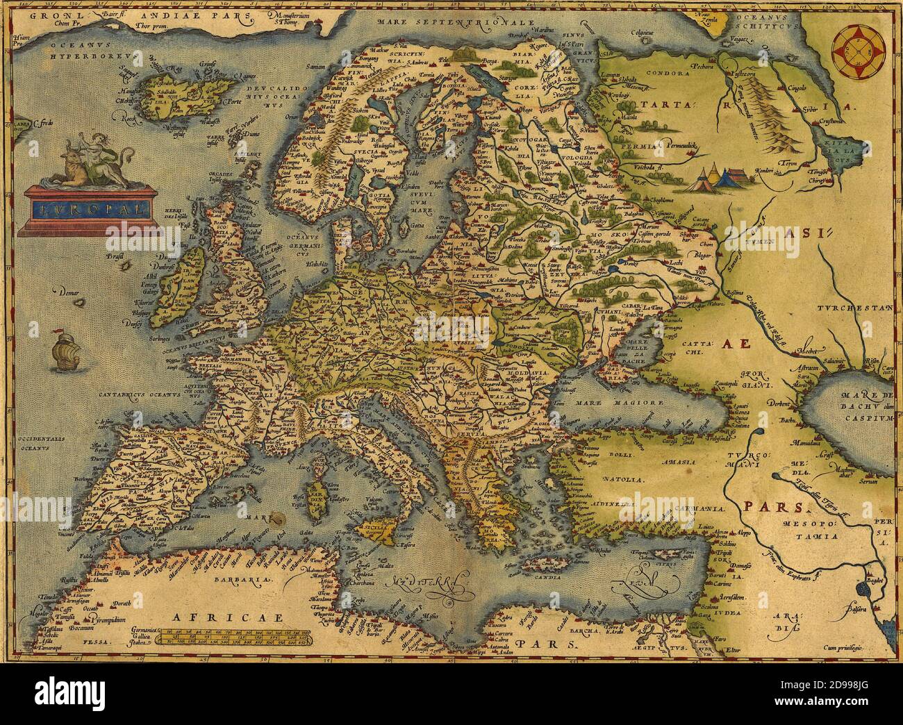 Antique Map of Europe,  by Abraham Ortelius, circa 1570 Stock Photo