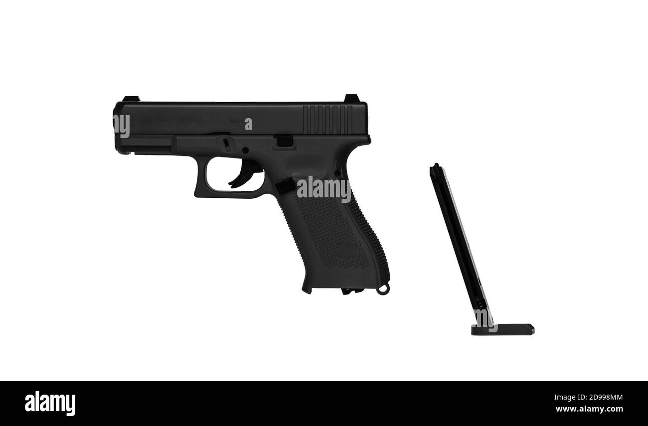 Sports pneumatic pistol isolate on a white background. Air gun. Weapons for sports and recreation. A copy of a real pistol. Stock Photo