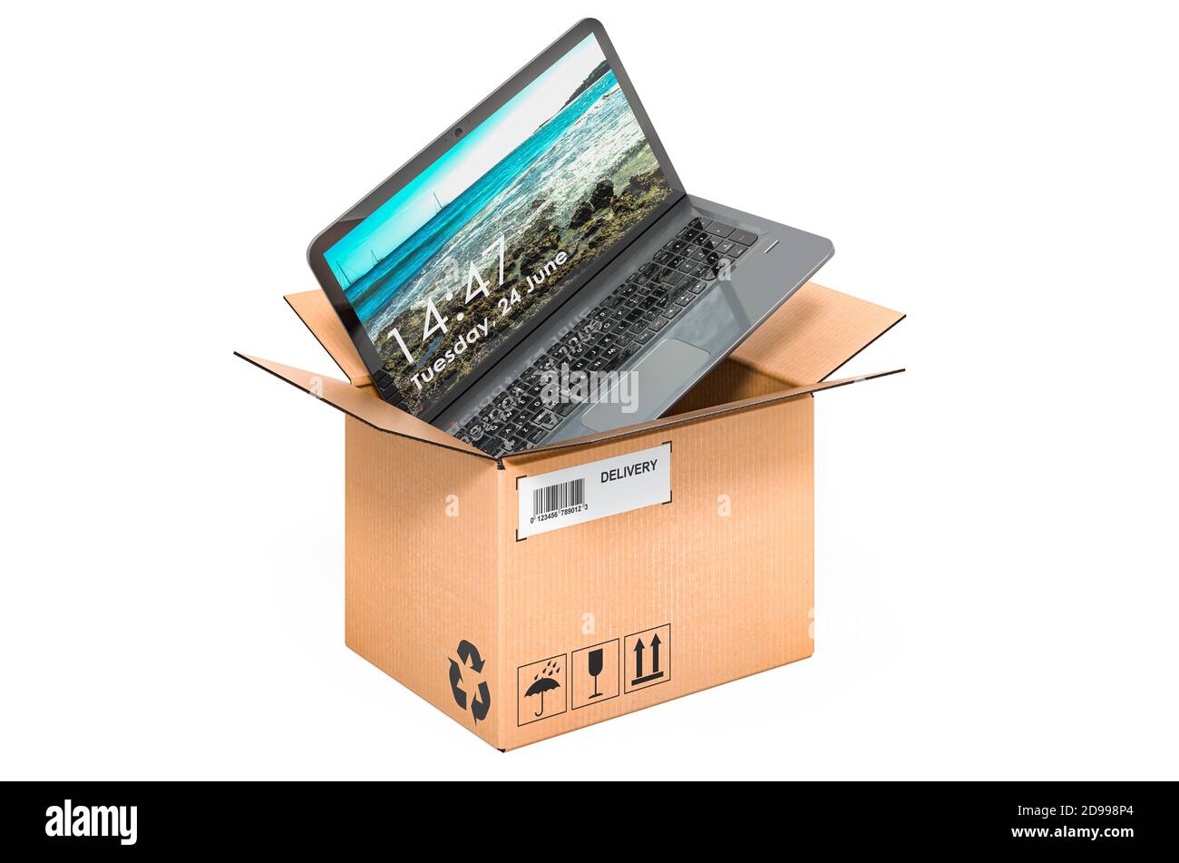 Laptop inside cardboard box, delivery concept. 3D rendering isolated on