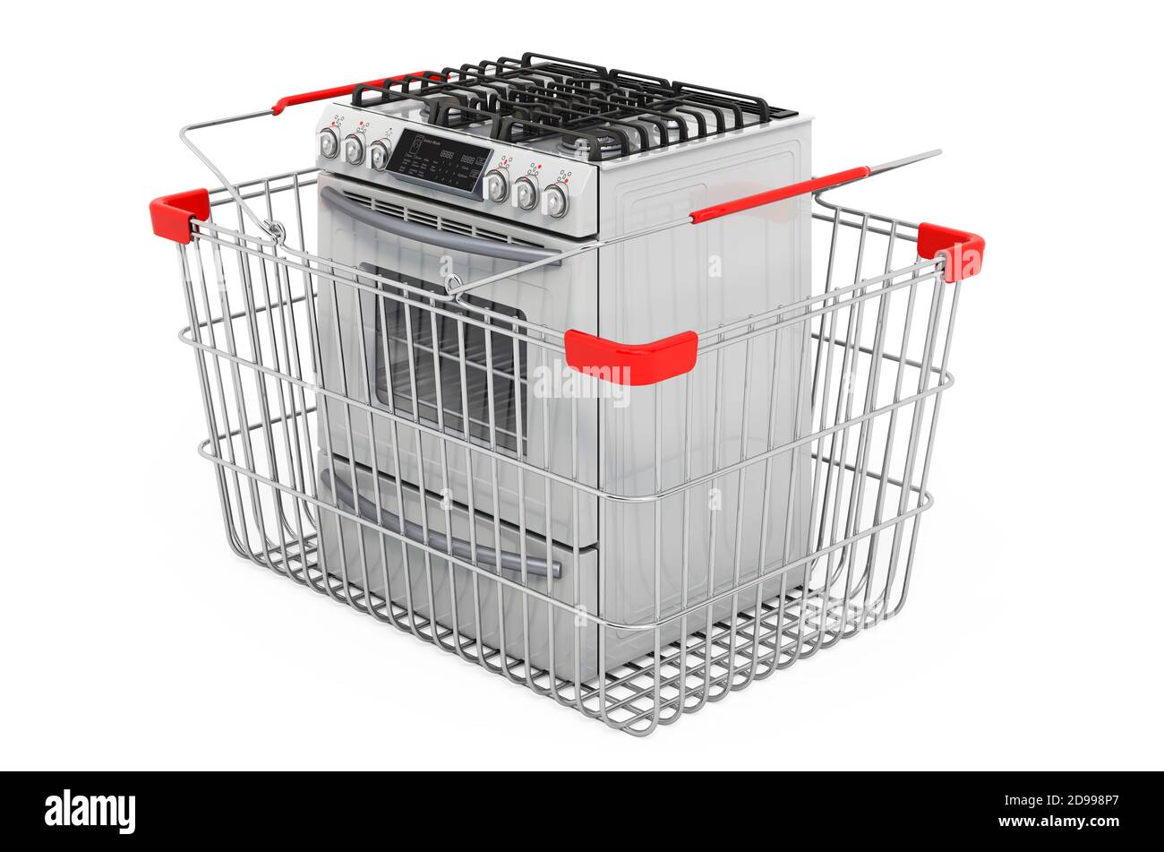 Gas range inside shopping basket, 3D rendering isolated on white background Stock Photo