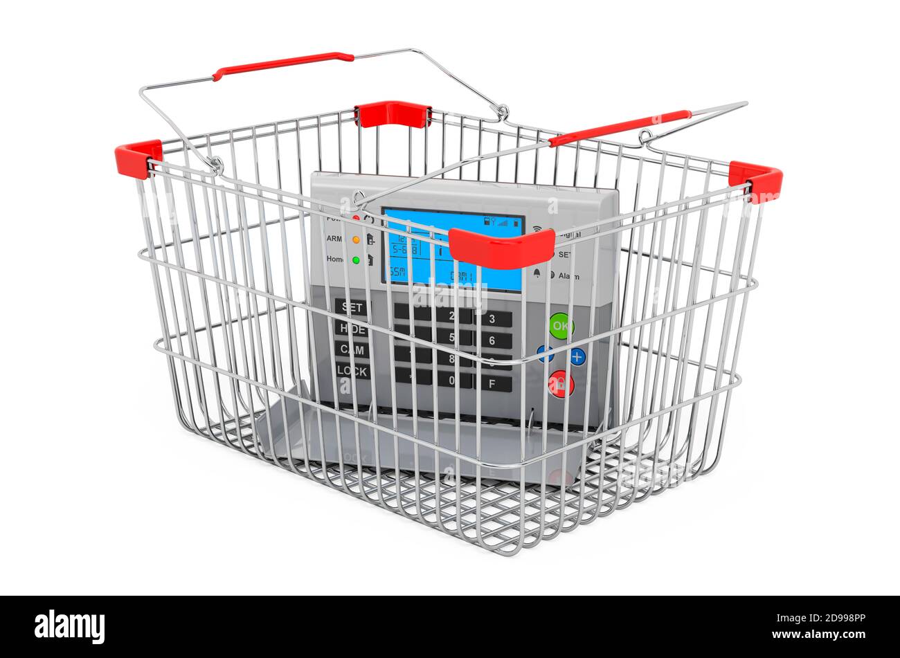 Security alarm system inside shopping basket, 3D rendering isolated on white background Stock Photo