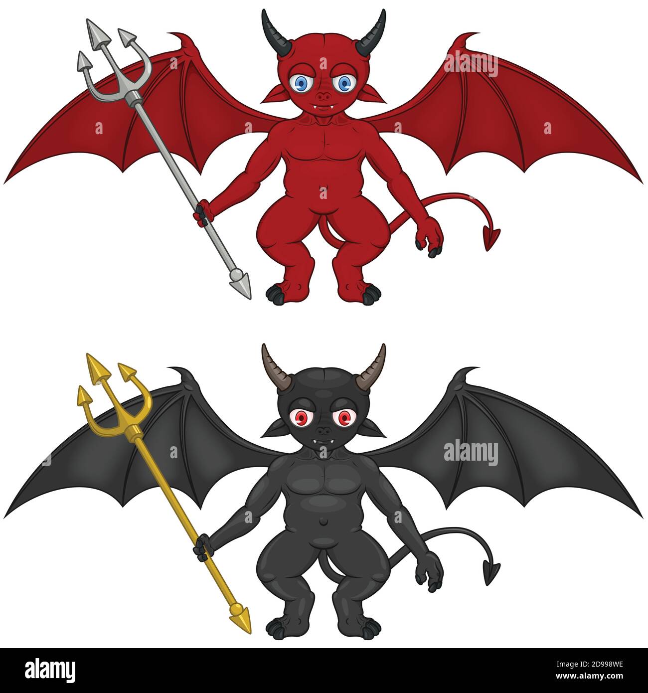 Vector design two little devils with different colors with tridents and demon wings. All on white background. Stock Vector