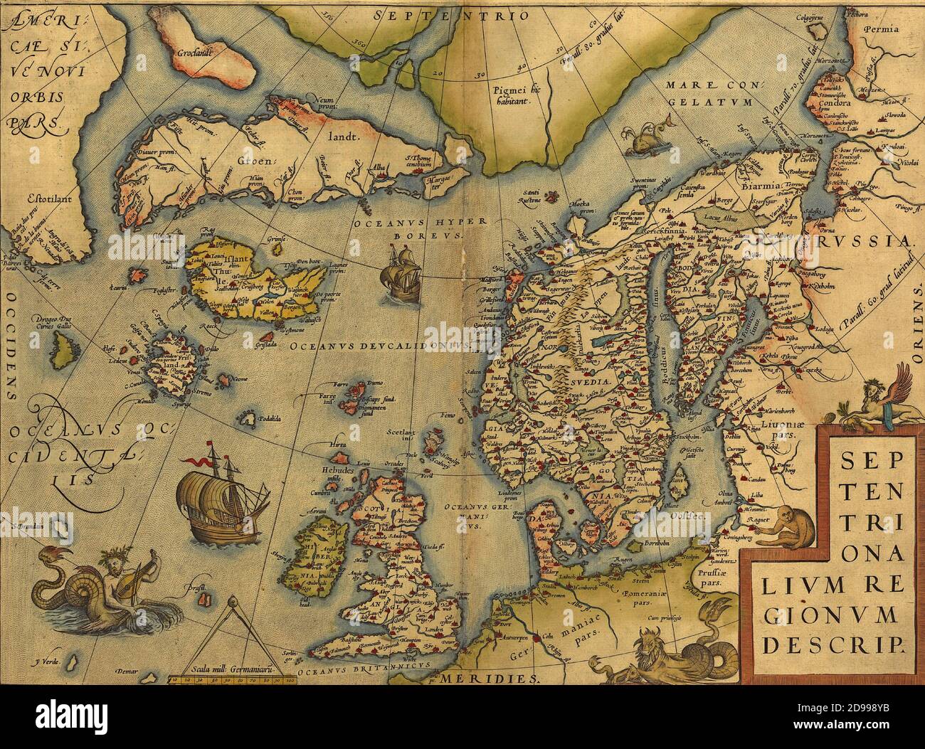 Antique Map of the North Sea - England, Scandinavia and Iceland  by Abraham Ortelius, circa 1570 Stock Photo