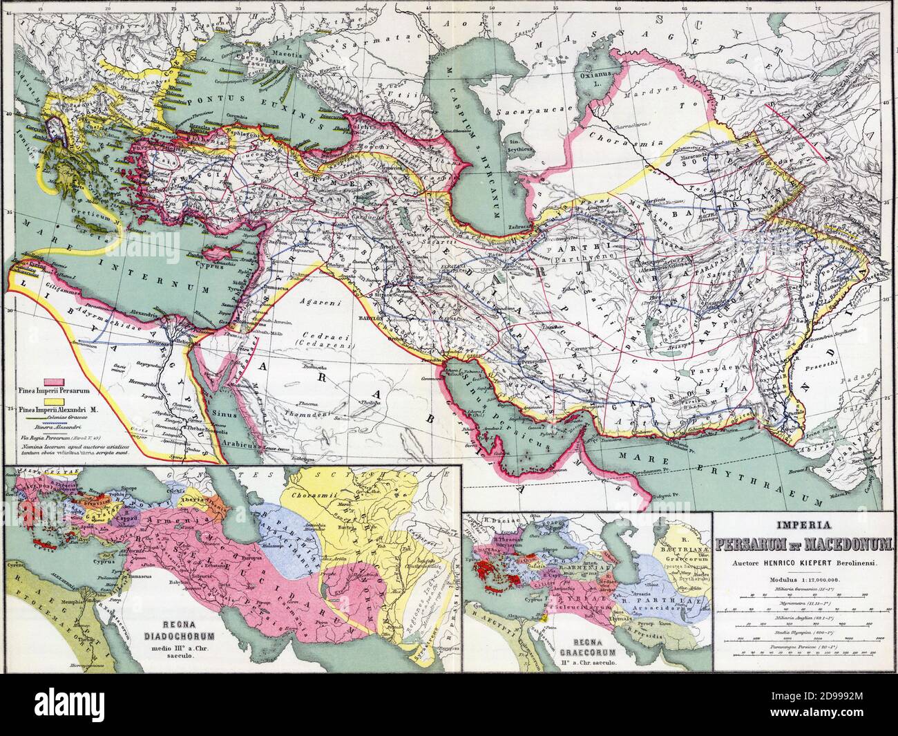 Antique map of the Macedonian and Persian empires, from an antique atlas . Stock Photo