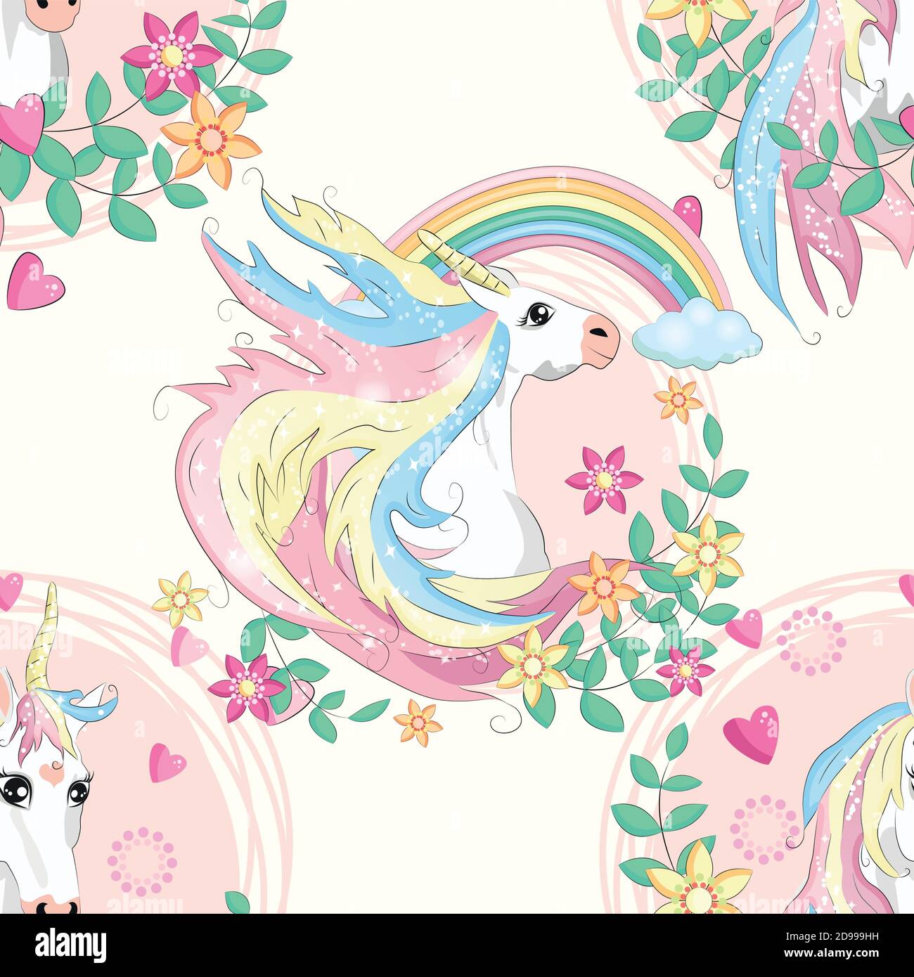 Seamless pattern with unicorns, donuts rainbow, confetti and other elements Stock Vector