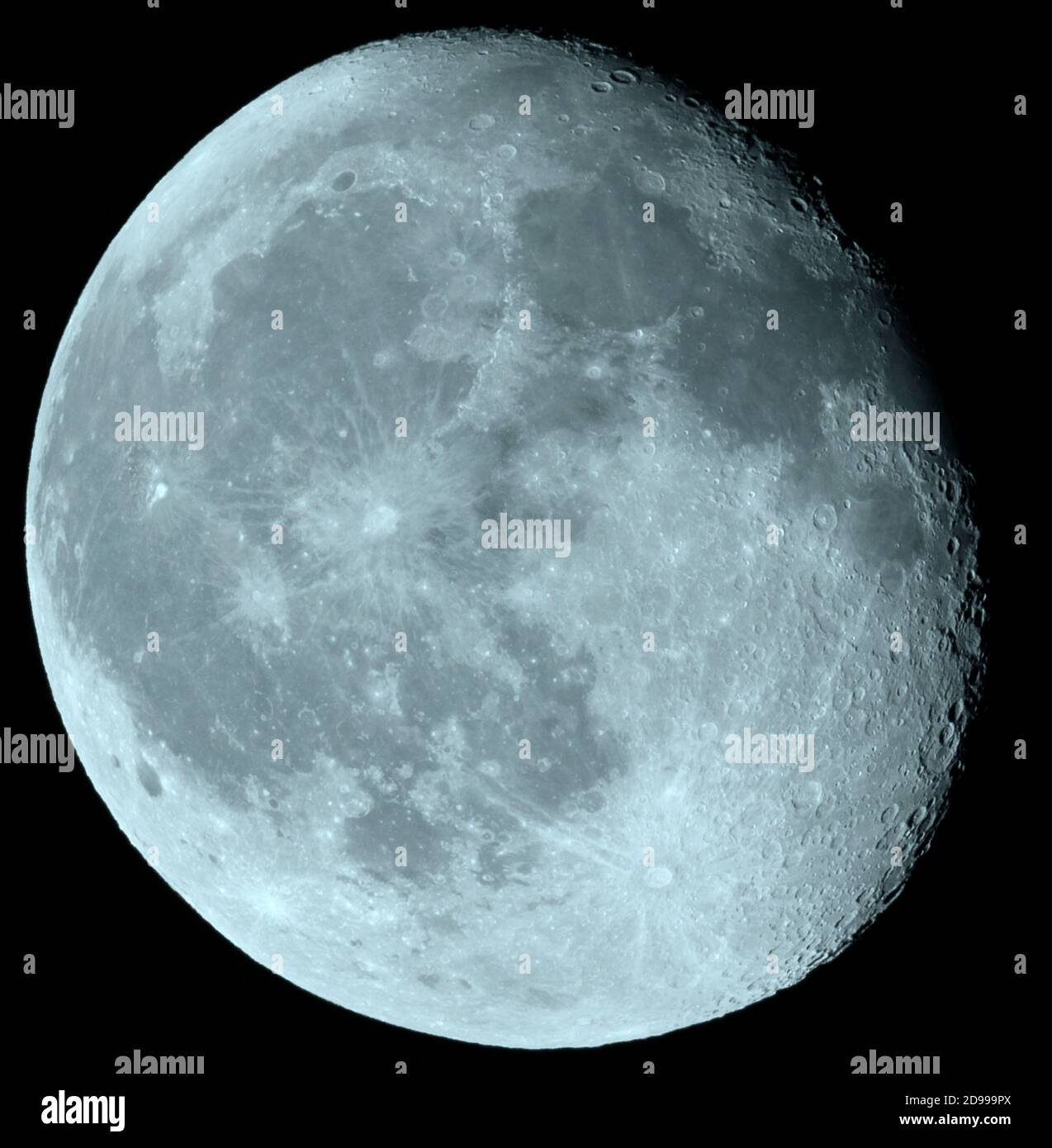 London, UK. 3 November 2020. 90.8% Waning Gibbous Moon with a heavily cratered terminator visible in clear overnight sky. Credit: Malcolm Park/Alamy. Stock Photo