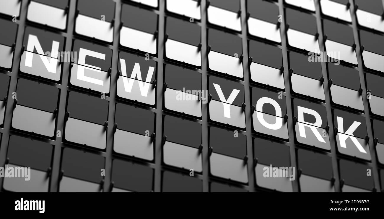 NEW YORK city, USA Text. Split flap Airport white letters on Solari board display, black background, Passengers information for flight destination. 3d Stock Photo