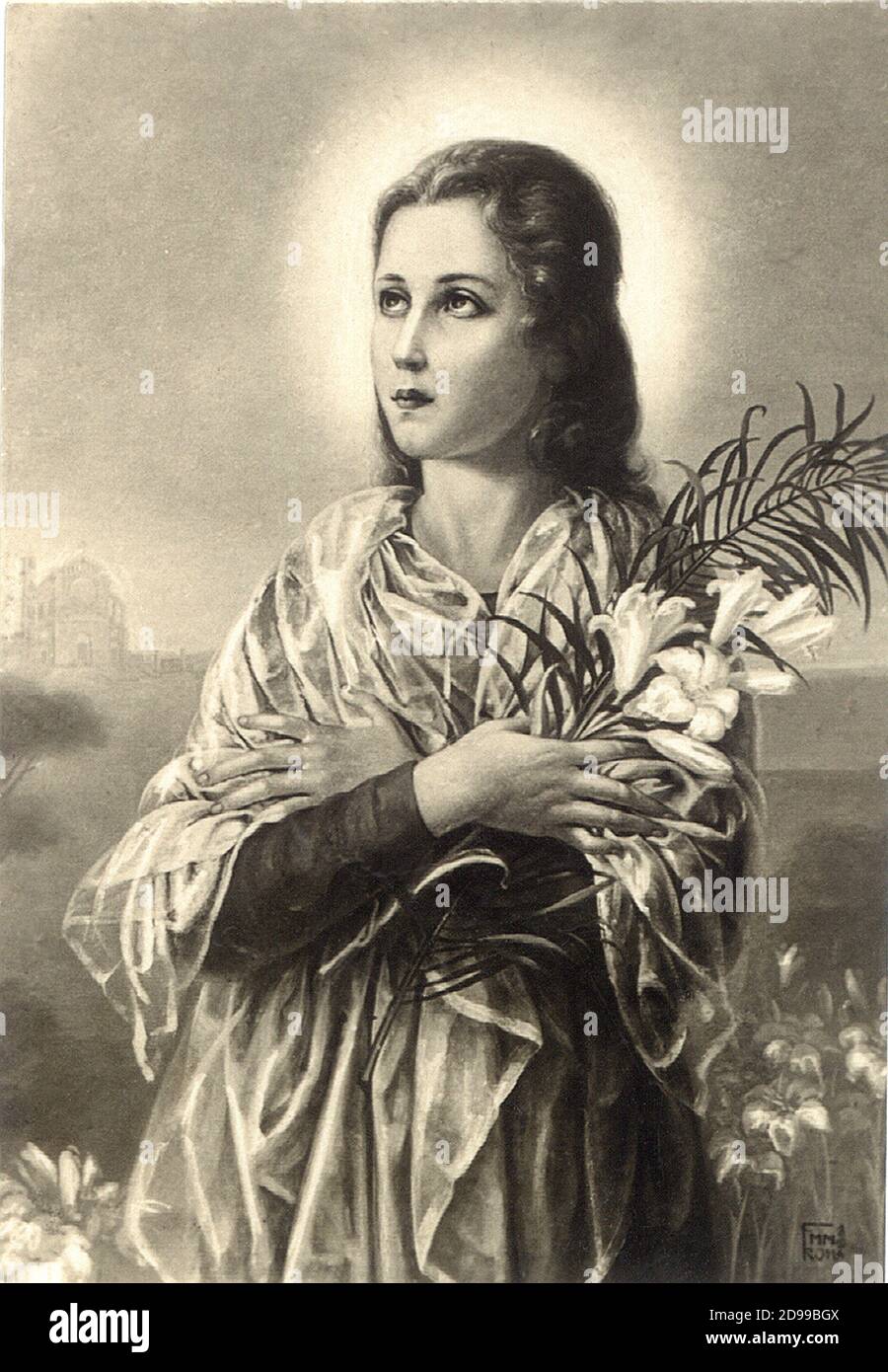 Saint  MARIA  GORETTI  ( Corinaldo  ,  Ancona  1890  -  Nettuno  Roma 1902  ) canonized in  1950  (  in this image a popular holy picture  Italy  around 1940 's )  - Santa -  CATHOLIC RELIGION - RELIGIONE CATTOLICA -- aureola - giglio - gigli - vergine - virgin - Santo ---- Archivio GBB Stock Photo